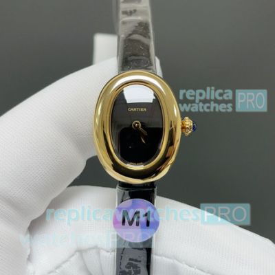 Swiss Clone M1 Factory Cartier Mini Baignoire Gold Case Black Face Ladies Watch 